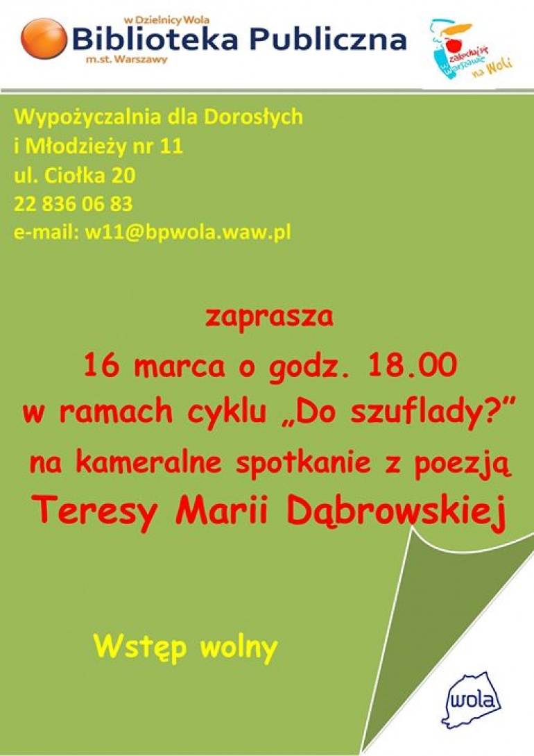 „Do szuflady?” – spotkanie poetyckie z Teresą Marią Dąbrowską.